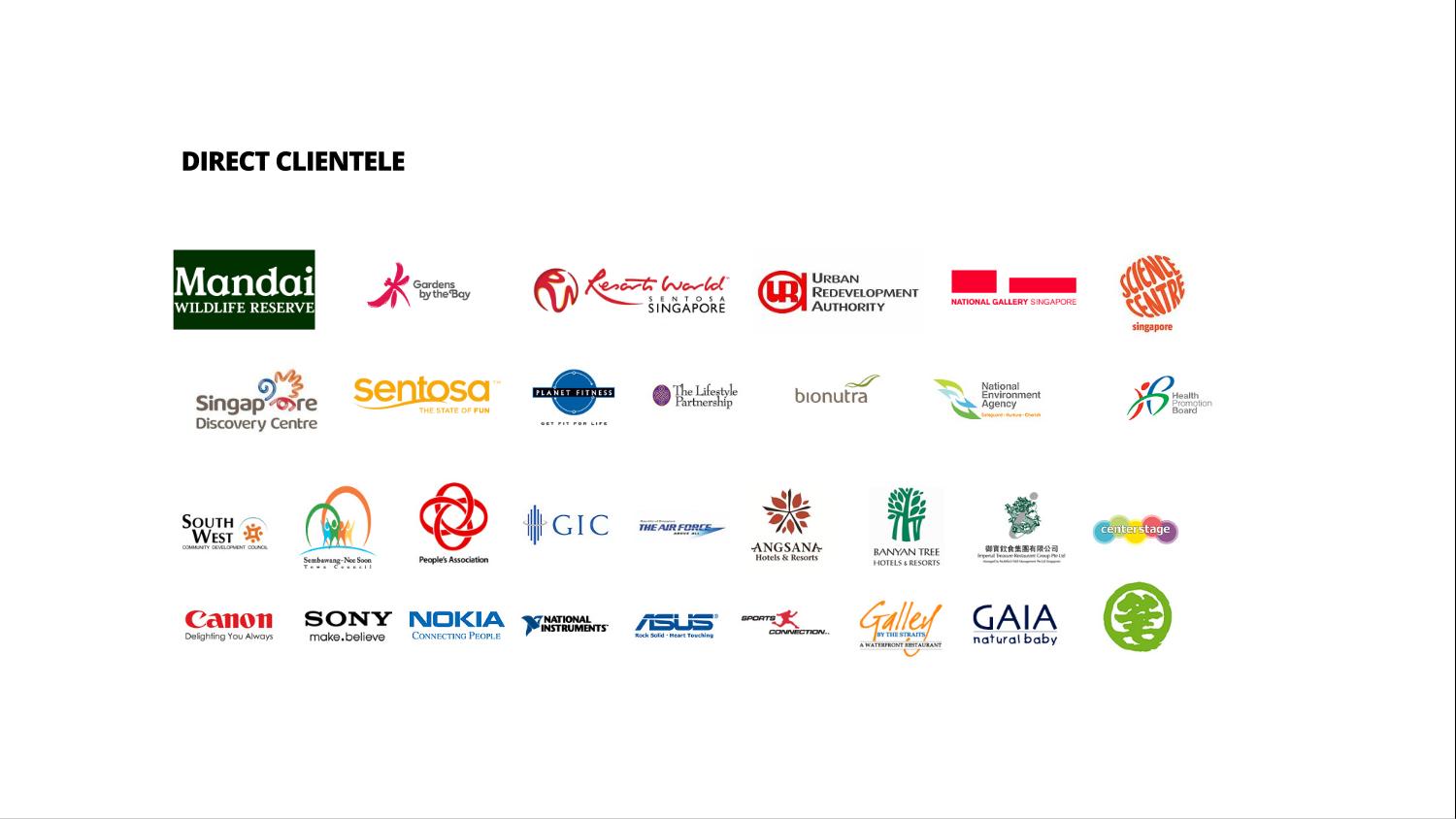 Direct Clientele – Mandai, Sentosa, Canon, Sony, Nokia and more